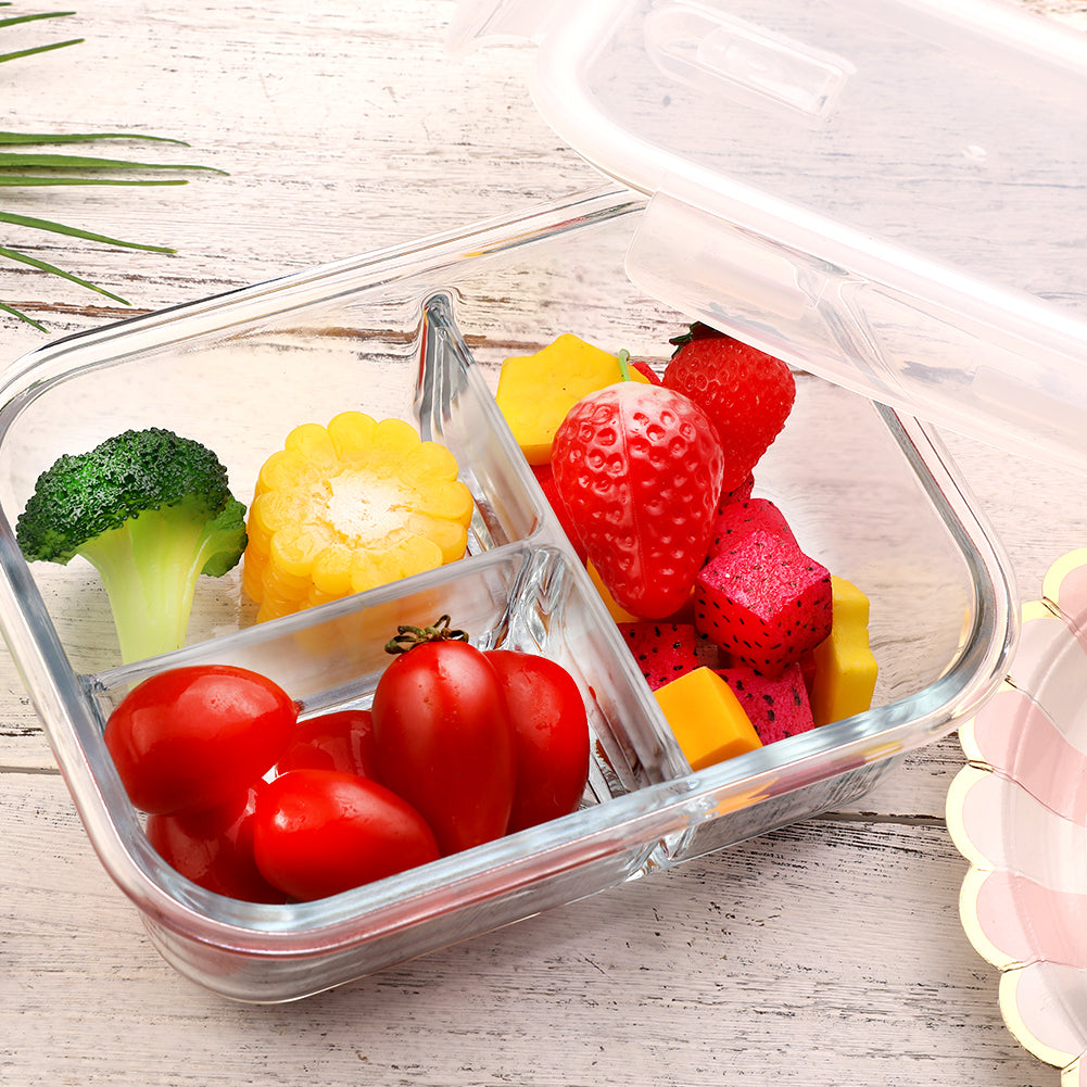 3 Pack 3 Divider Compartment Glass Meal Prep Container With Snap Locking  Lid 