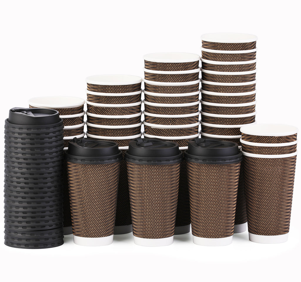 MRcup 12 oz Hot Beverage Heat-free Coffee Cups with Lids and Straws,  Insulated Triple Wall Leak-free Disposable Coffee Cups, Anti-slip  Anti-spill Togo Reusable Paper Cups, Brown 40 Packs Brown 40