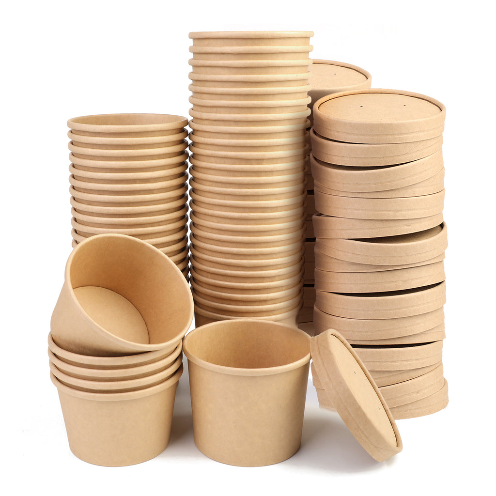 8oz Disposable Kraft Paper Soup Containers with Vented Lids Food